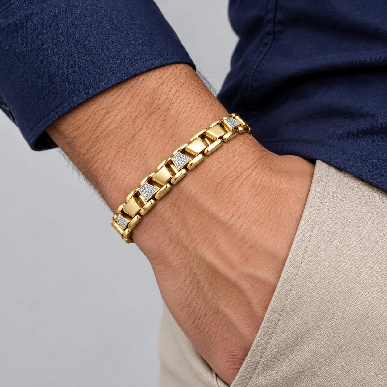 Gold-Tone Alternating Trapezoid and Pavé Panel Link Bracelet