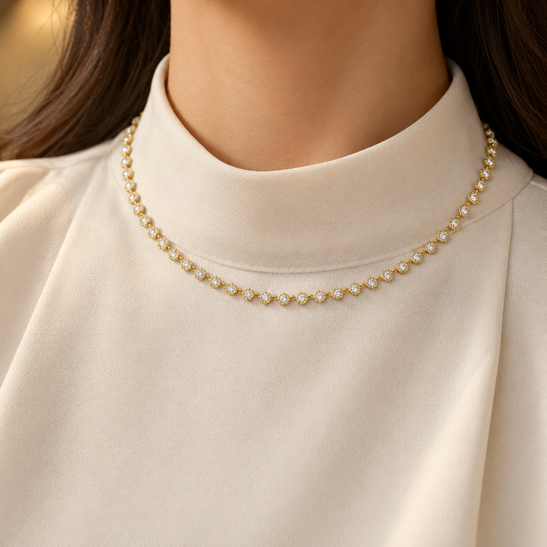 Round Cut Scalloped Bezel Yellow Gold Tennis Necklace