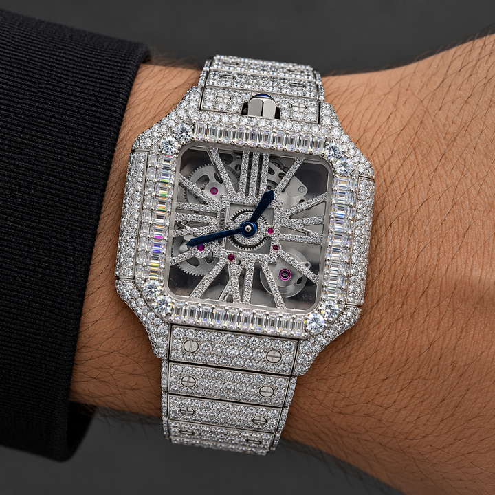 Iced Out Square Skeleton Baguette Bezel Watch – Custom Diamond Statement Watch