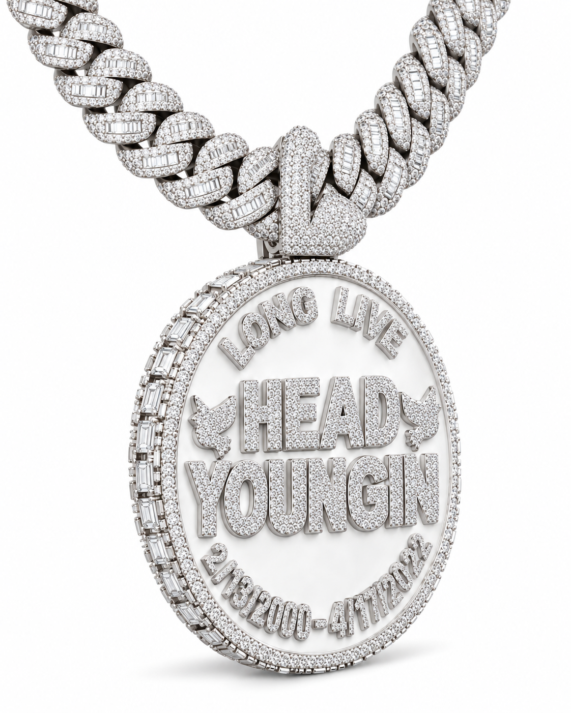 Custom Iced Out Memorial Name & Date Pendant with Swan Bail
