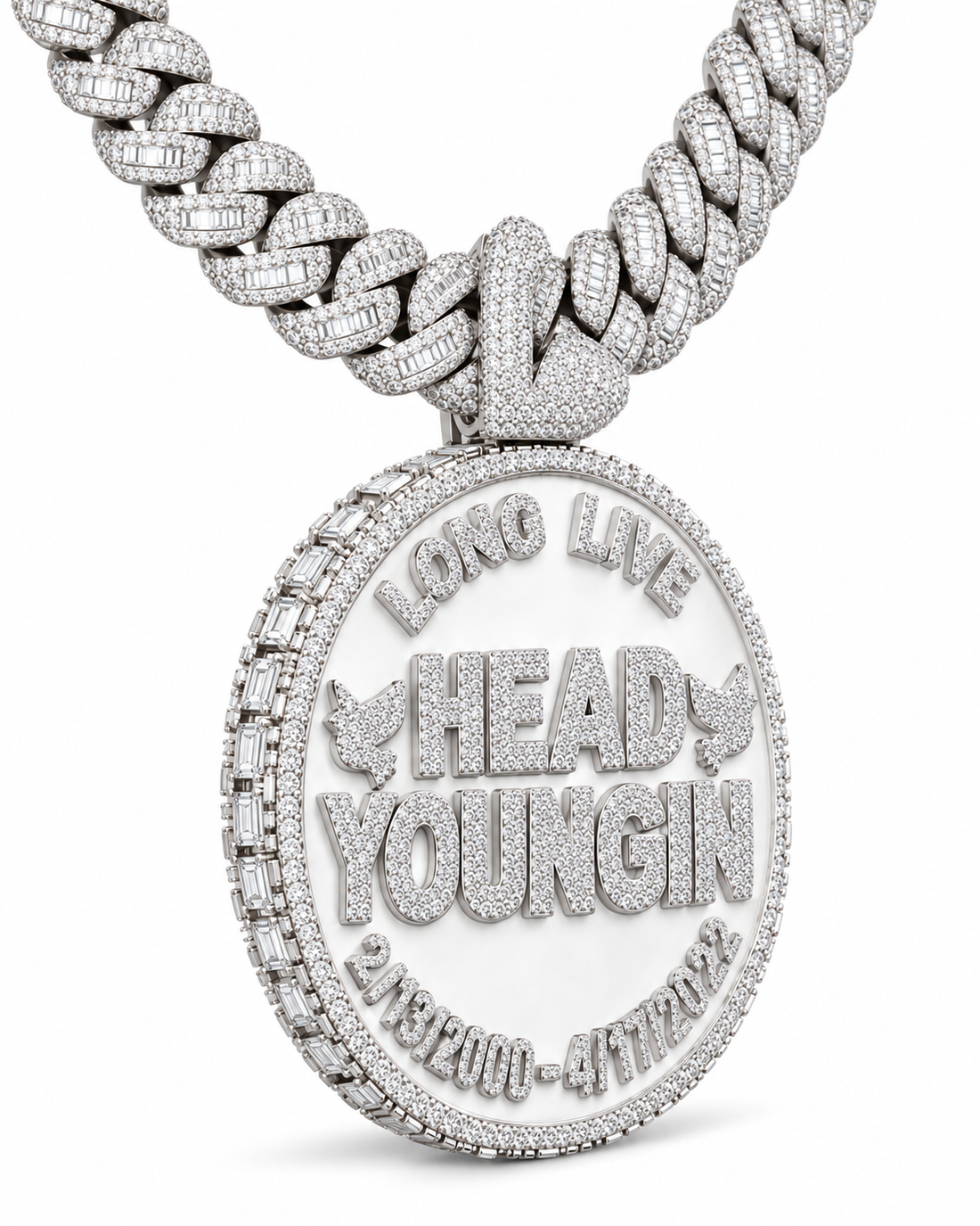 Custom Iced Out Memorial Name & Date Pendant with Swan Bail
