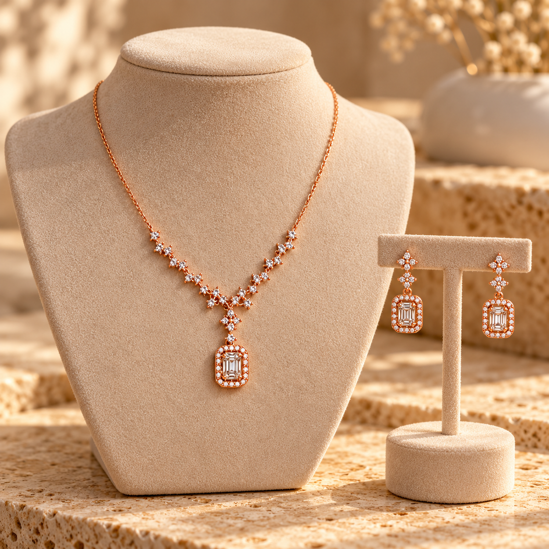 Rose Gold-Tone Floral Emerald-Cut Halo Necklace and Earrings Set