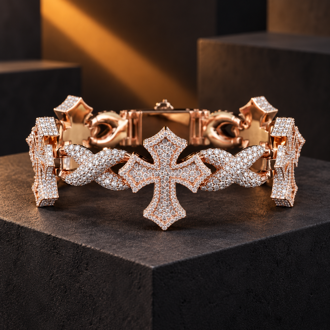 Outlined Pavé Cross & Infinity Link Rose Gold-Tone Bracelet – Custom Iced Out Hip Hop Jewelry