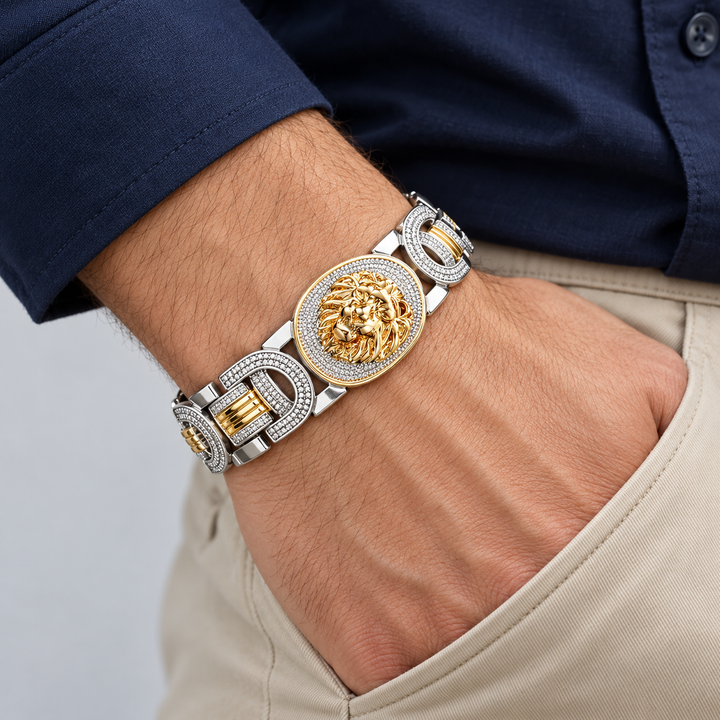 Two-Tone Gold and Silver Lion Head Pavé Link Bracelet