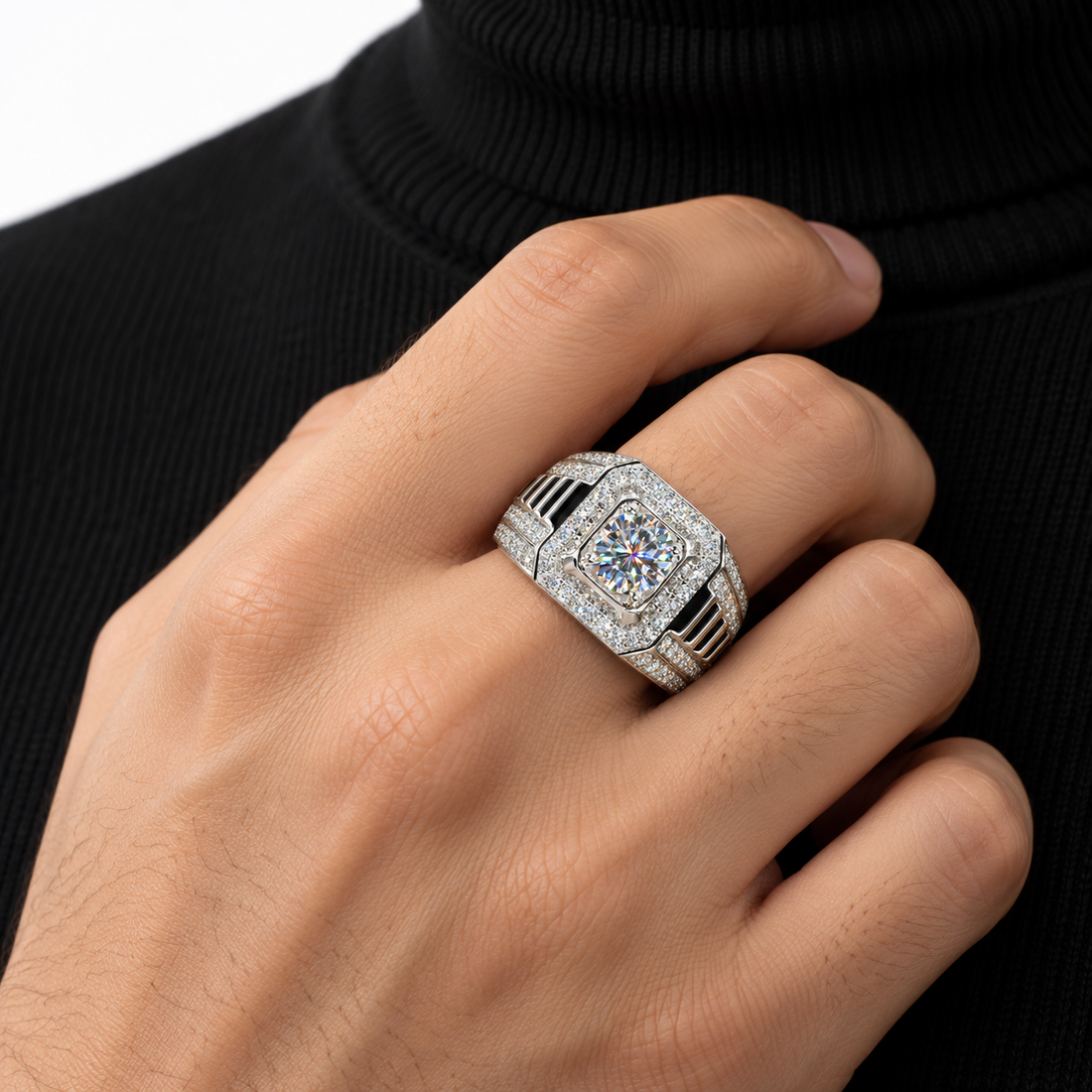 Round Center Octagonal Halo White Metal Ring with Ribbed Shoulders