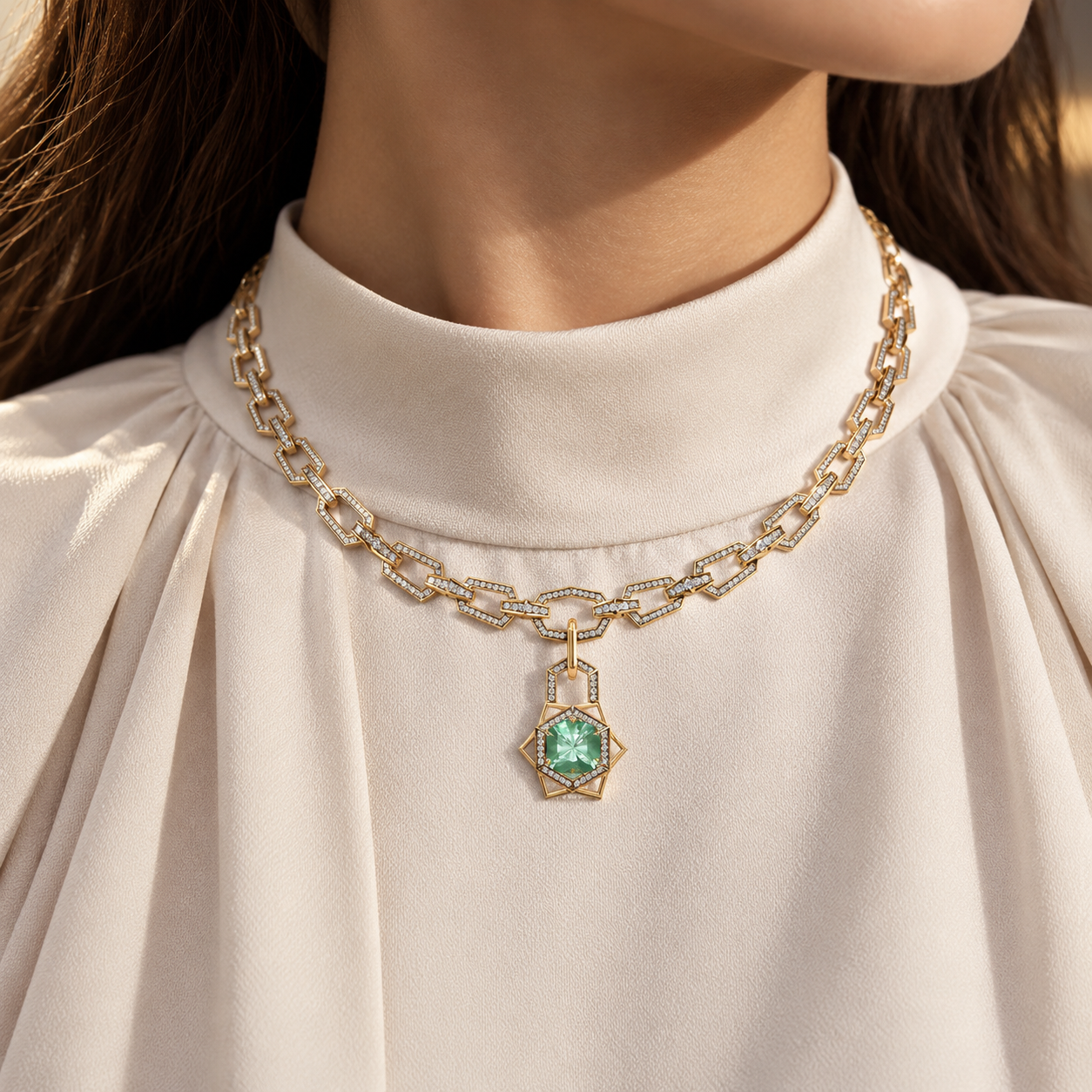 Mint Green Geometric Halo Pendant Necklace in Yellow Gold Tone