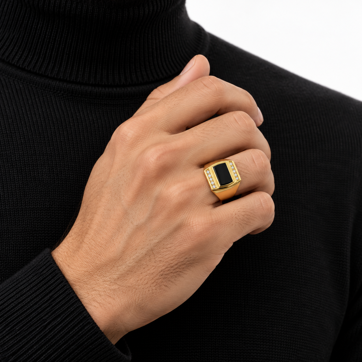 Rectangular Black Panel Yellow Gold-Tone Signet Ring with Round Stone Accents