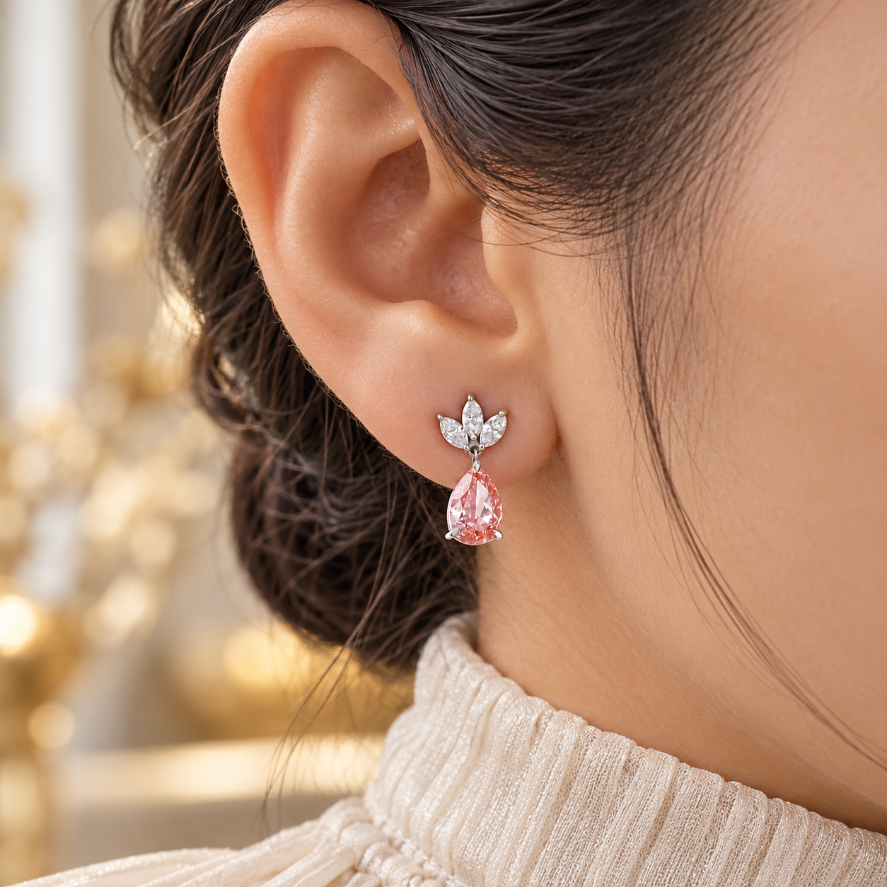 Pink Pear Drop Earrings with Marquise Leaf Cluster