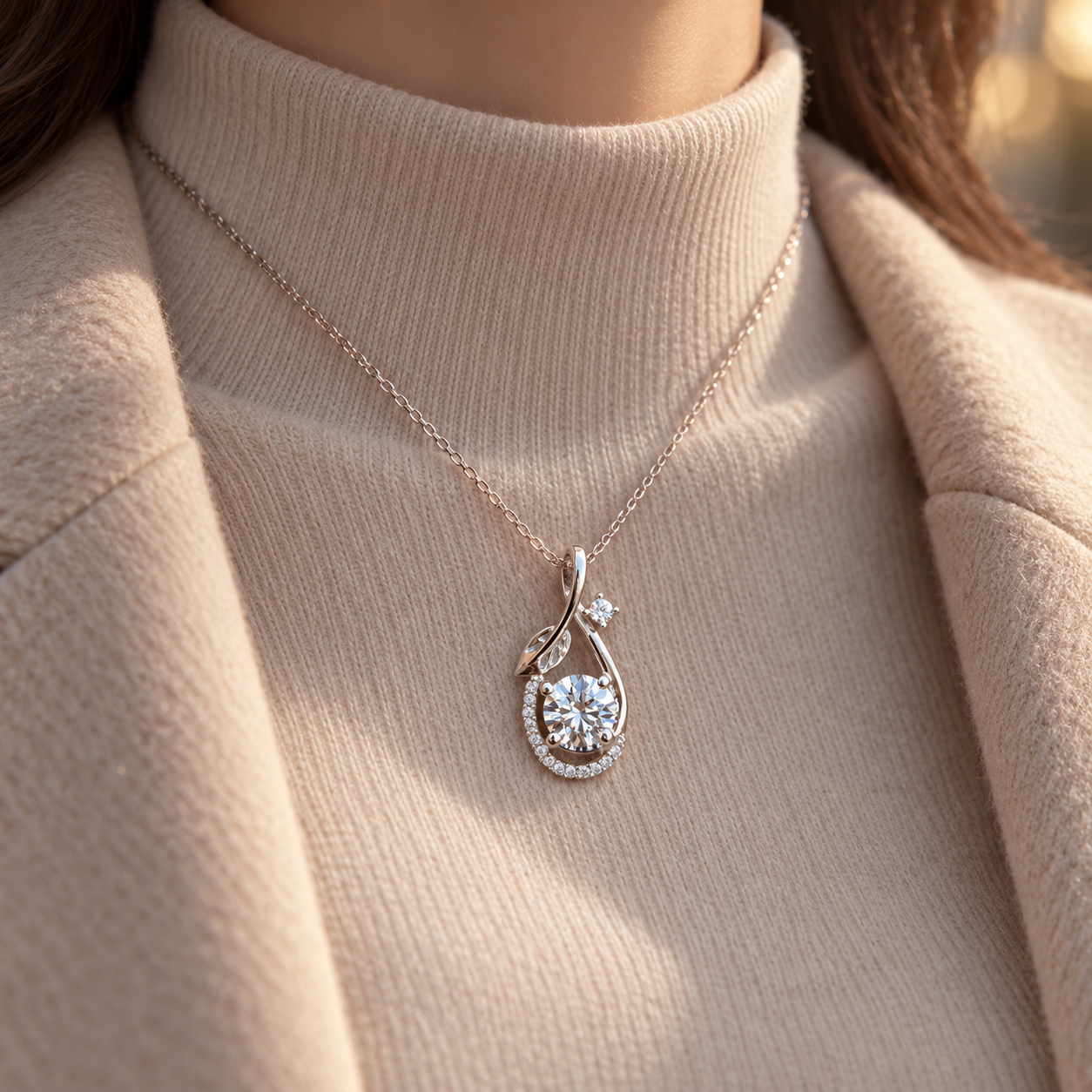 Round Cut Solitaire Leaf Swirl White Gold Pendant Necklace