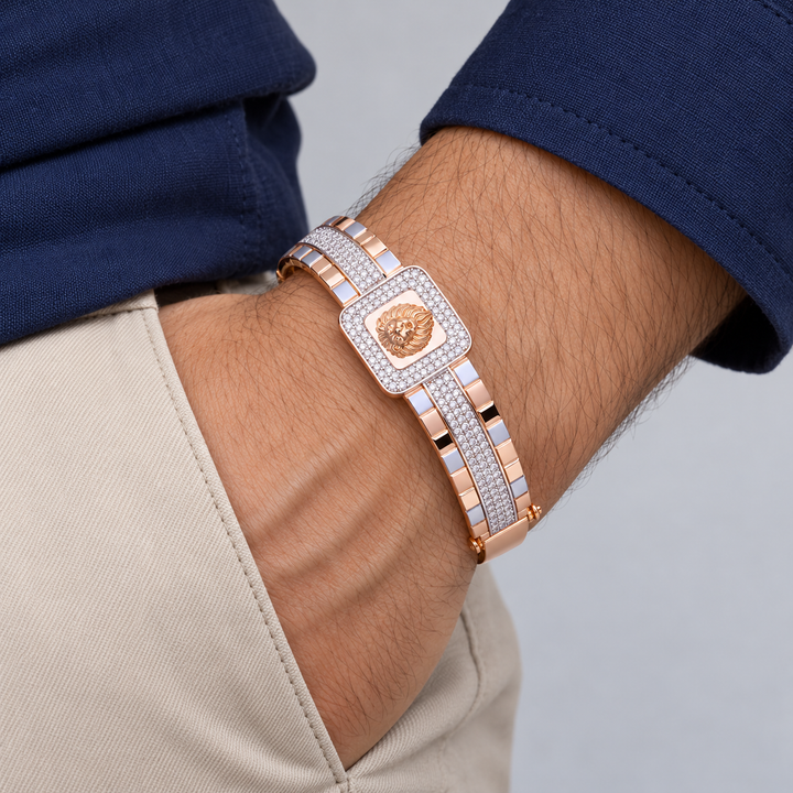 Two-Tone Rose Gold Lion Head Square Halo Pavé Bangle