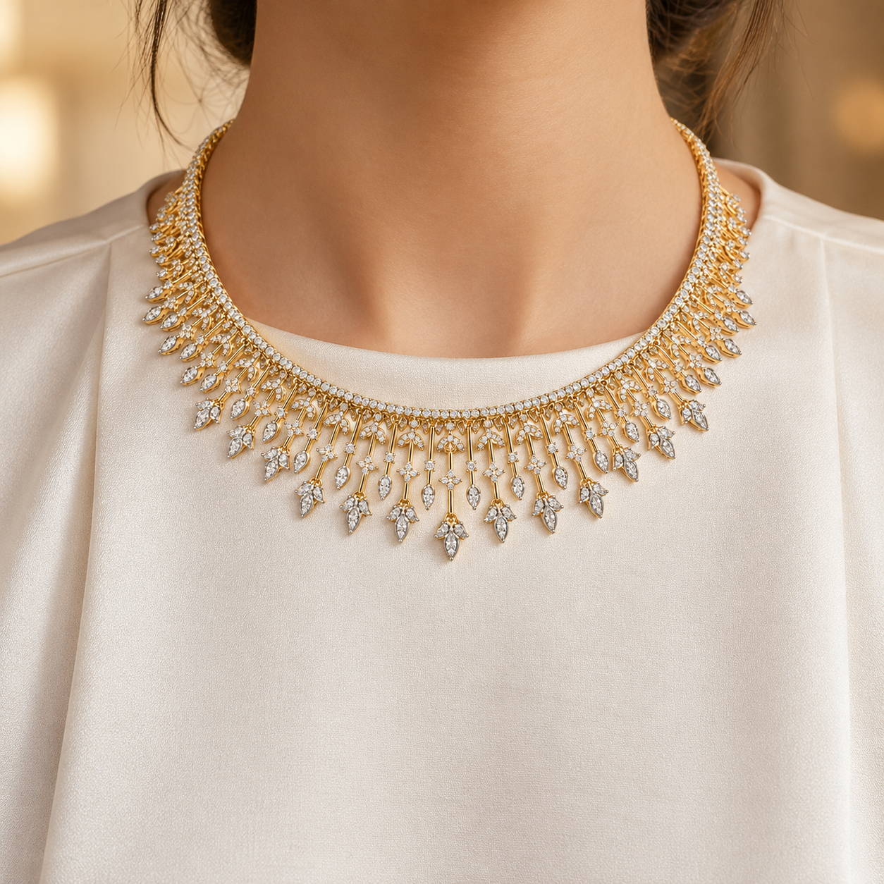 Marquise Leaf Fringe Pavé Yellow Gold Bridal Statement Necklace
