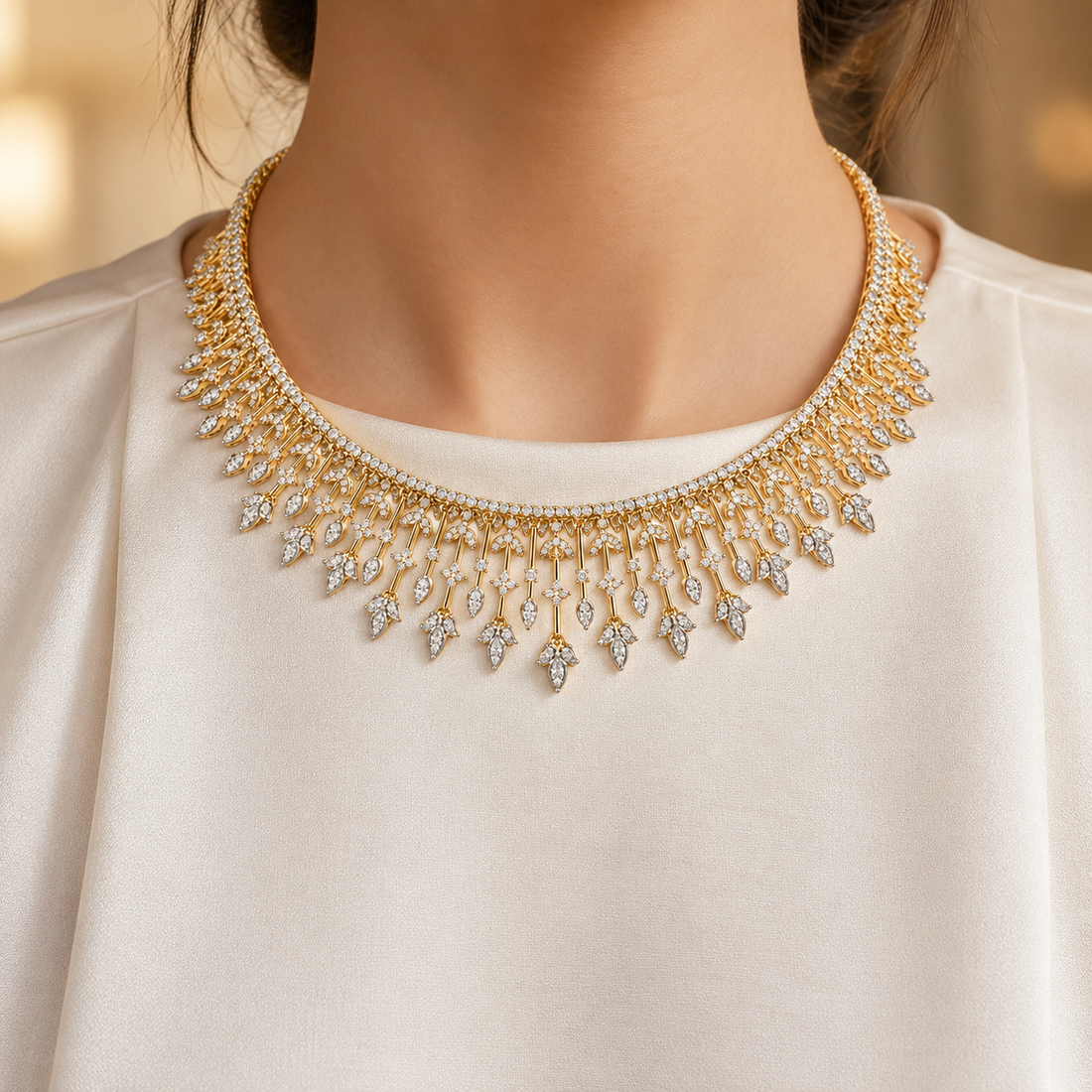 Marquise Leaf Fringe Pavé Yellow Gold Bridal Statement Necklace