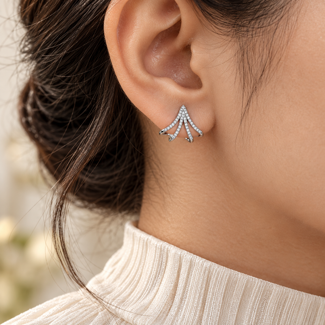 Pavé Openwork Fan Earrings in White Gold Tone