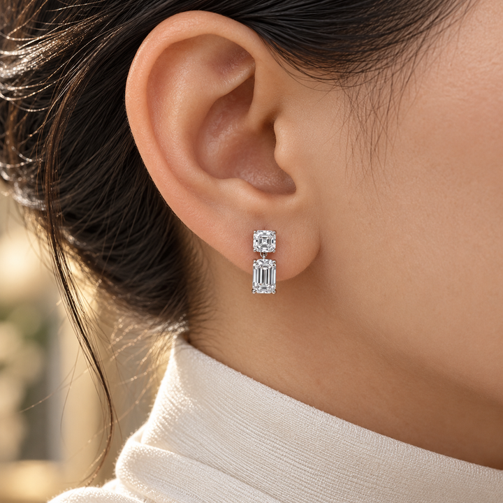 Asscher & Emerald Cut Two-Stone Drop Earrings with Screw Backs