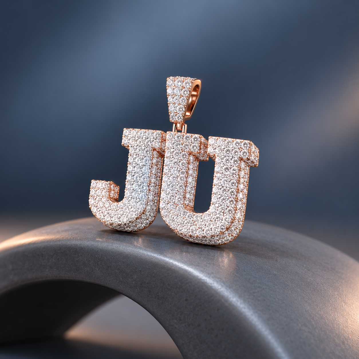 Custom JU Initial Iced Out Rose Gold-Tone Pendant – Personalized Double Letter Hip Hop Jewelry