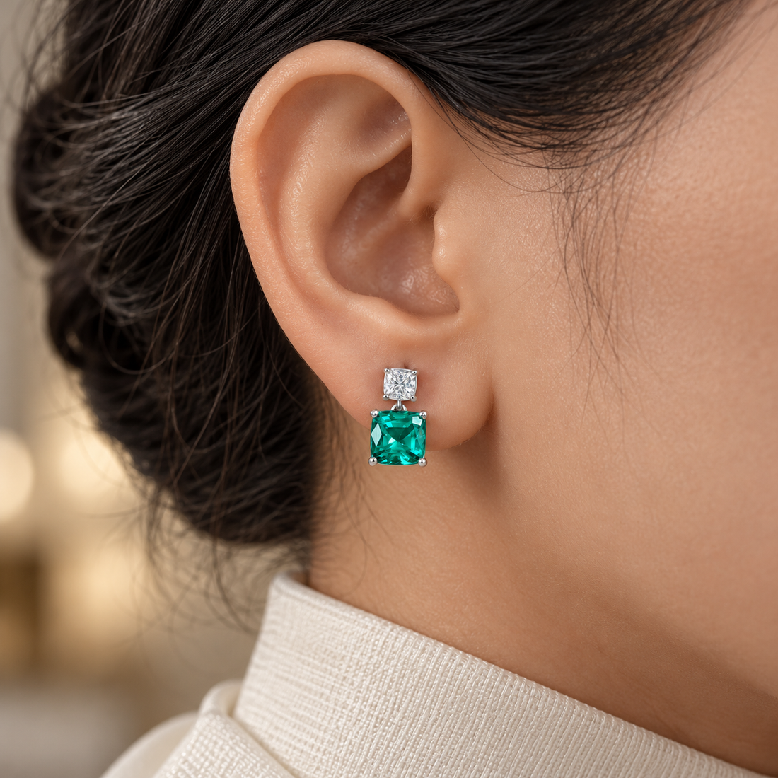 Green Square & Clear Princess Cut Two-Stone Drop Earrings