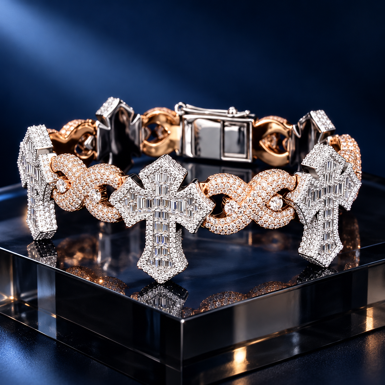 Two Tone Baguette Cross & Infinity Link Bracelet – White and Rose Gold-Tone Iced Out Jewelry