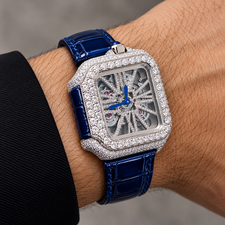Iced Out Square Skeleton Dial Watch with Blue Strap – Custom Diamond Statement Watch