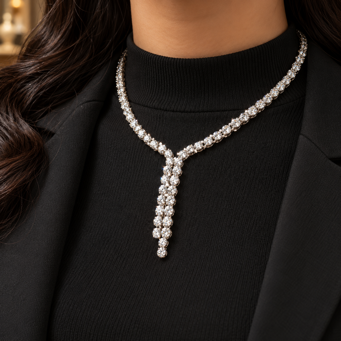 Round Cut Double Row Y Drop White Gold Diamond Necklace