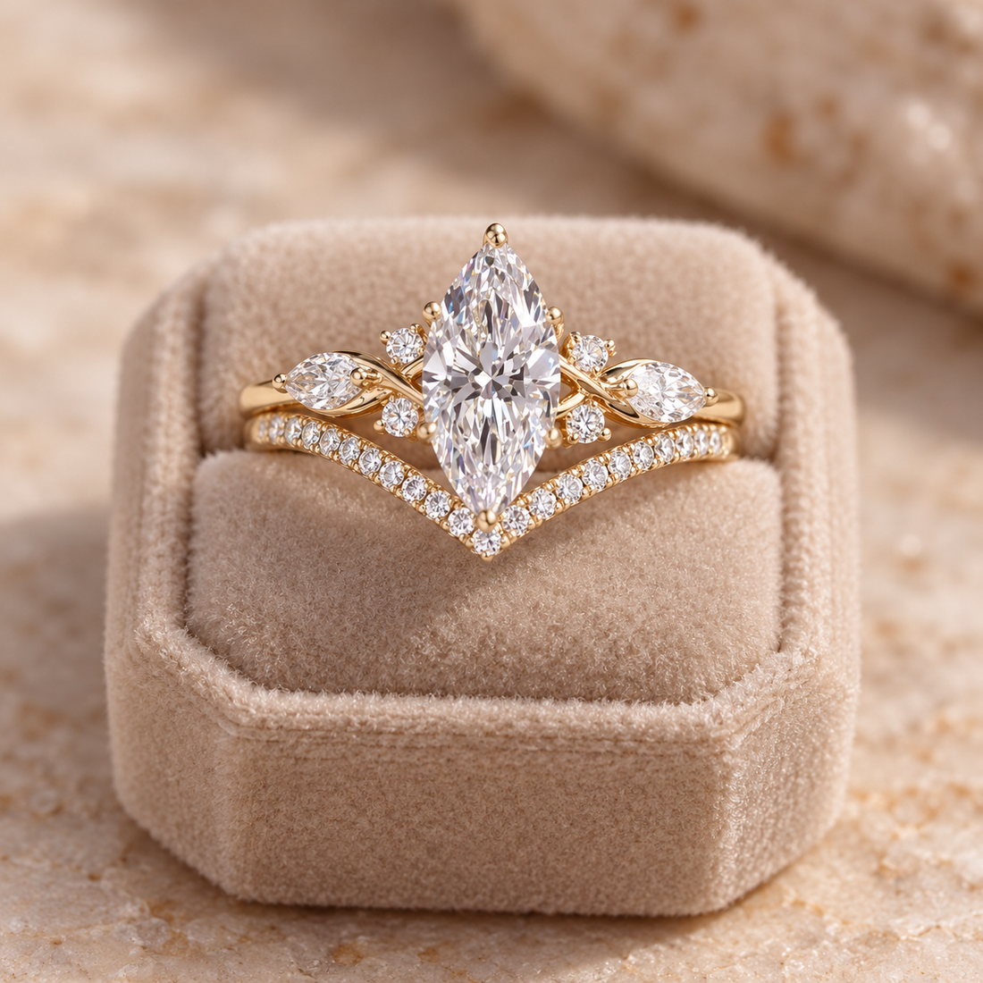 Marquise-Cut Yellow Gold-Tone Bridal Ring Set with Pavé Chevron Band