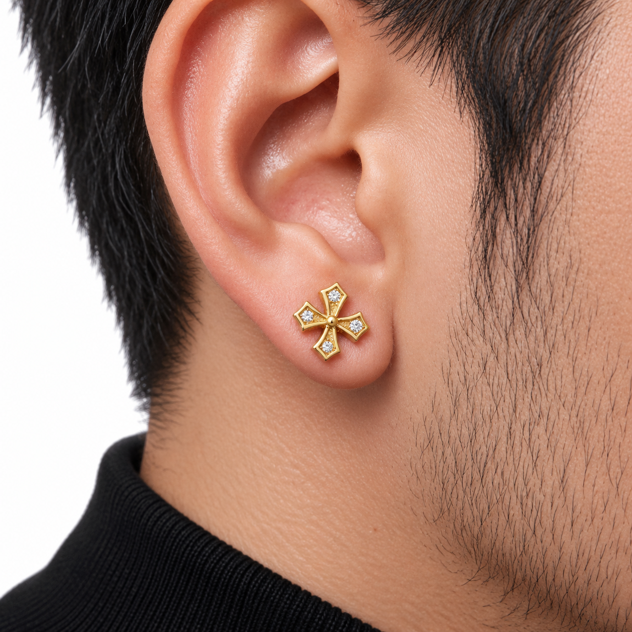 Men’s Flared Cross Yellow Gold-Tone Stud Earring with Four Round Stones