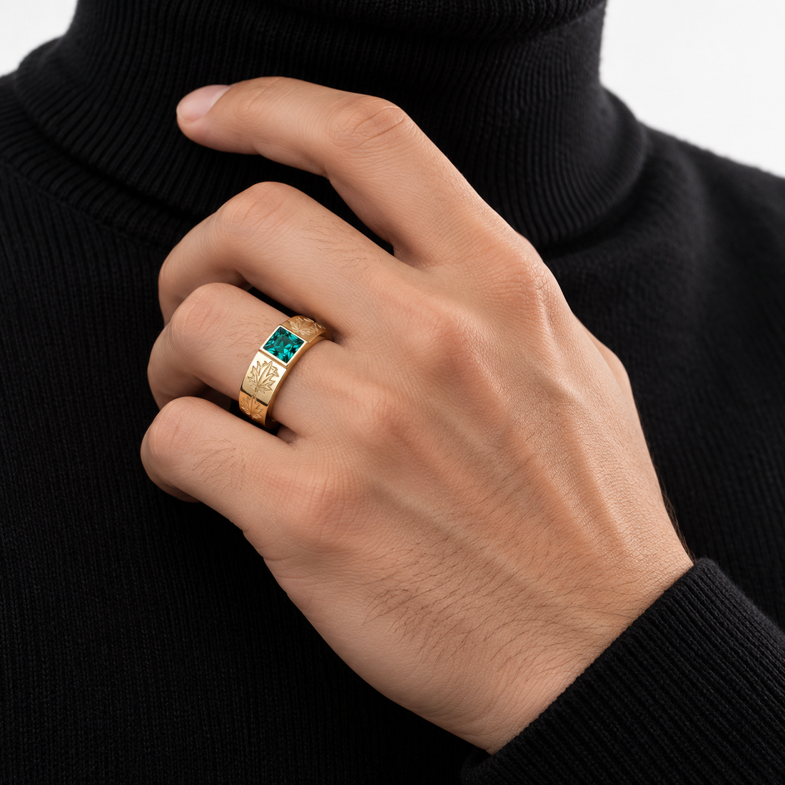 Green Princess Cut Yellow Gold-Tone Band Ring with Maple Leaf Engravings