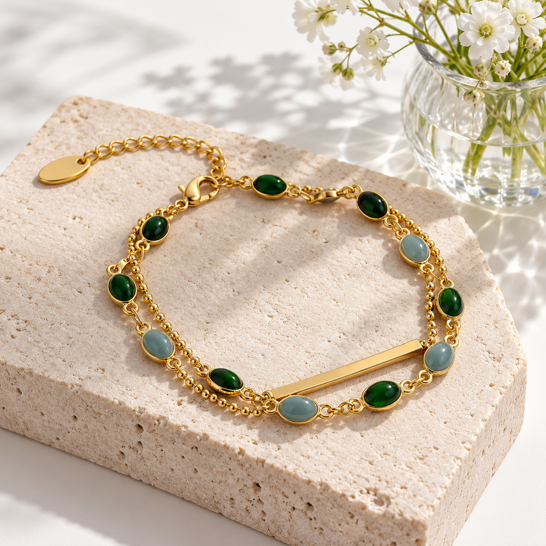 Green & Blue-Gray Oval Cabochon Double Strand Gold-Tone Bracelet