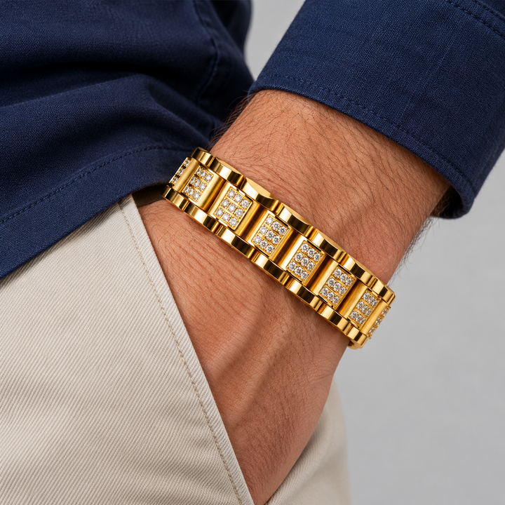 Gold-Tone Clear Stone Rectangular Panel Link Bracelet