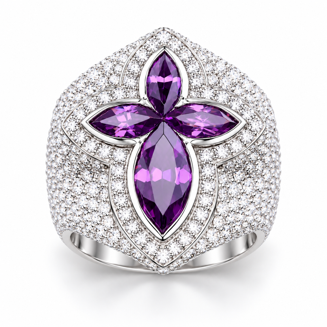 Iced Out Purple Marquise Floral Cross Ring