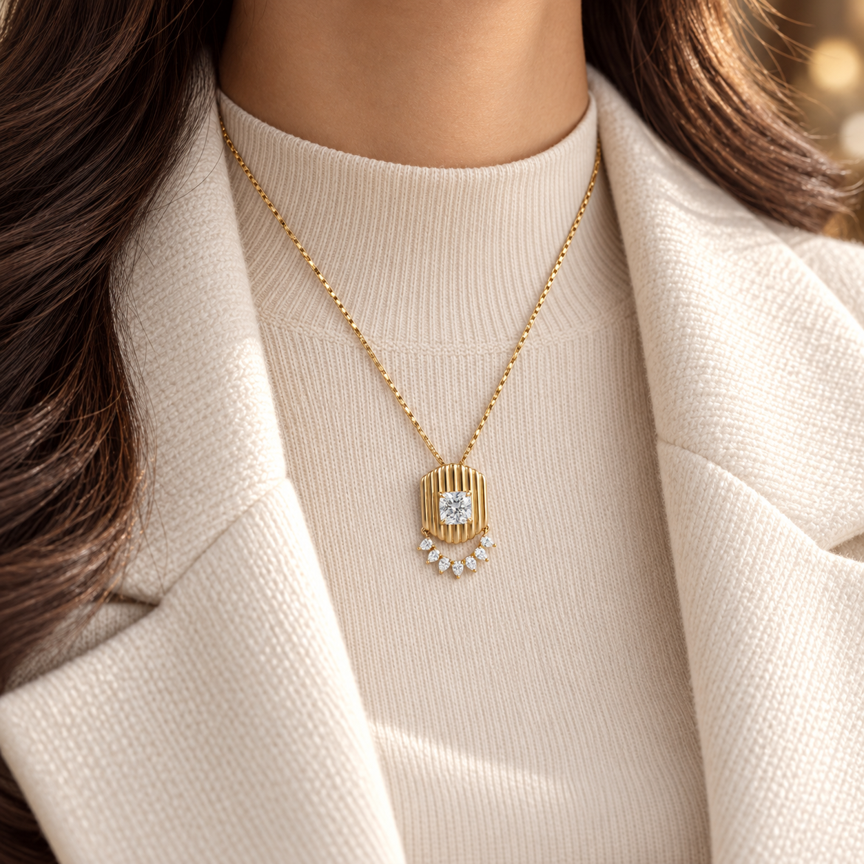 Square Cut Pear Drop Yellow Gold Pendant Necklace