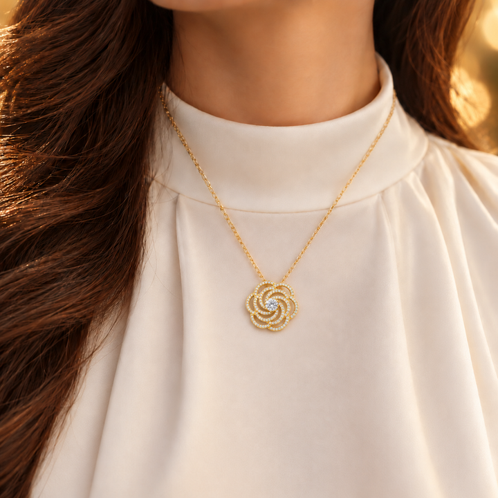 Round Cut Pavé Swirl Flower Yellow Gold Pendant Necklace