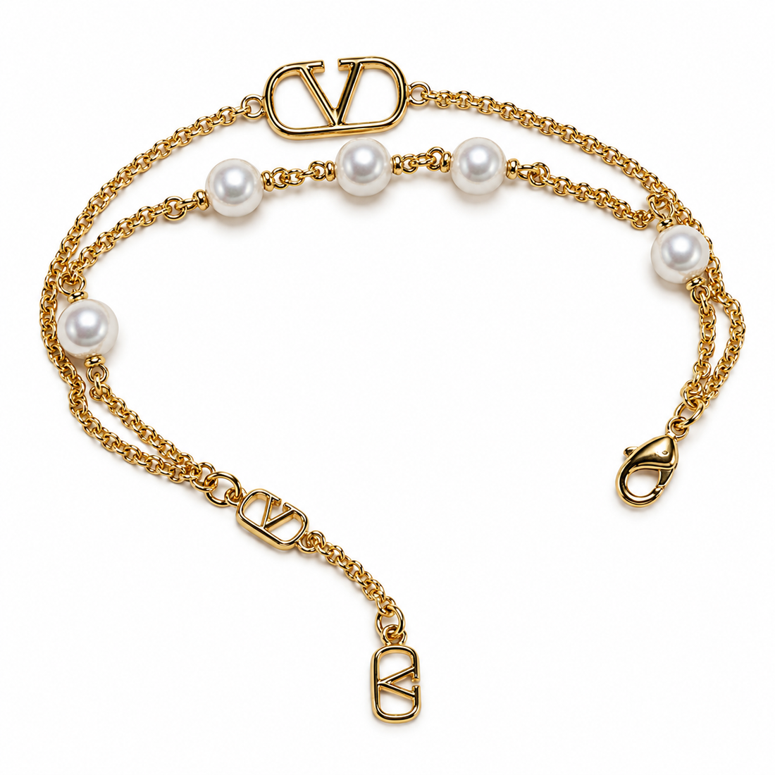 White Pearl Double-Strand Yellow Gold-Tone V Motif Bracelet