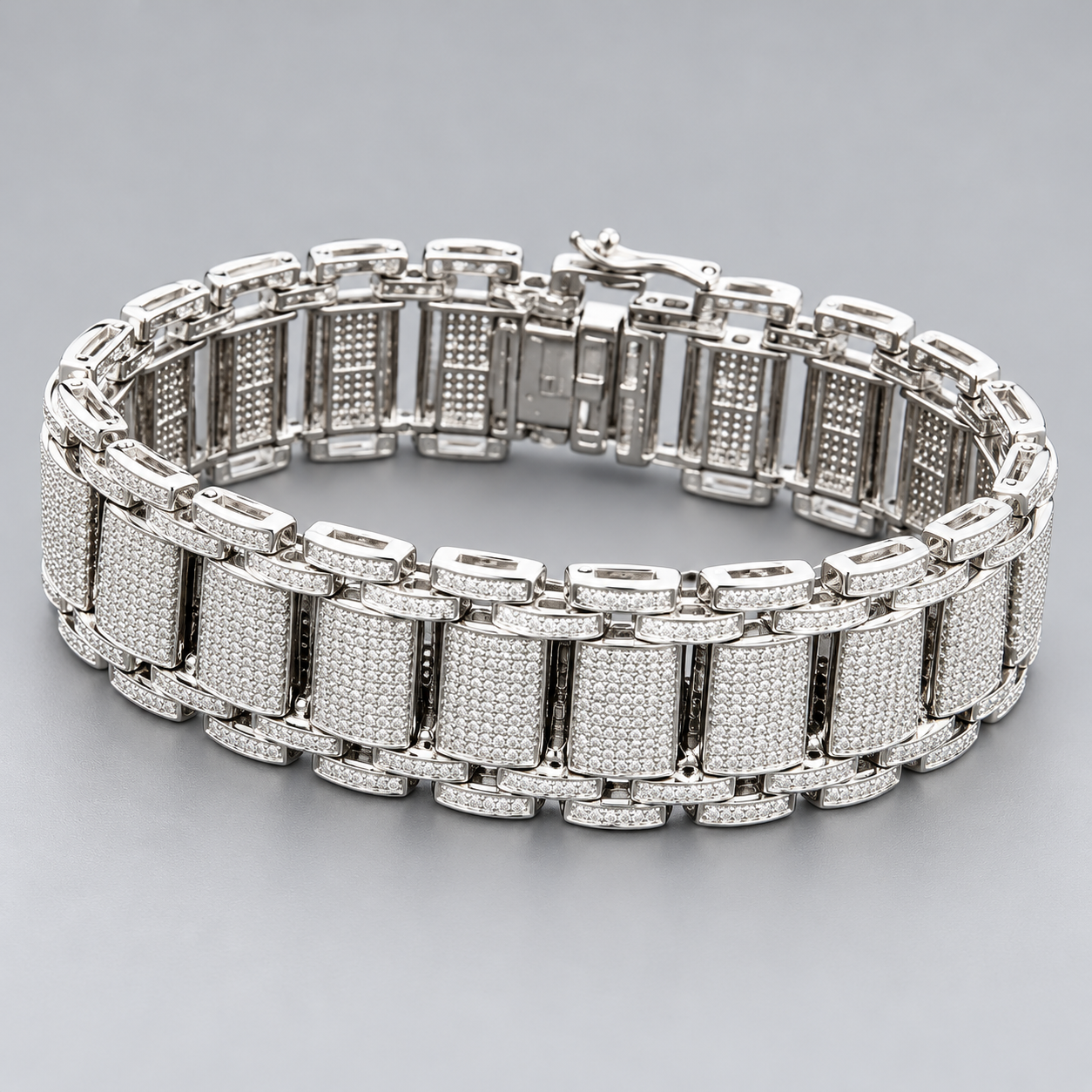 Men’s Silver-Tone Rectangular Pavé Panel Link Bracelet