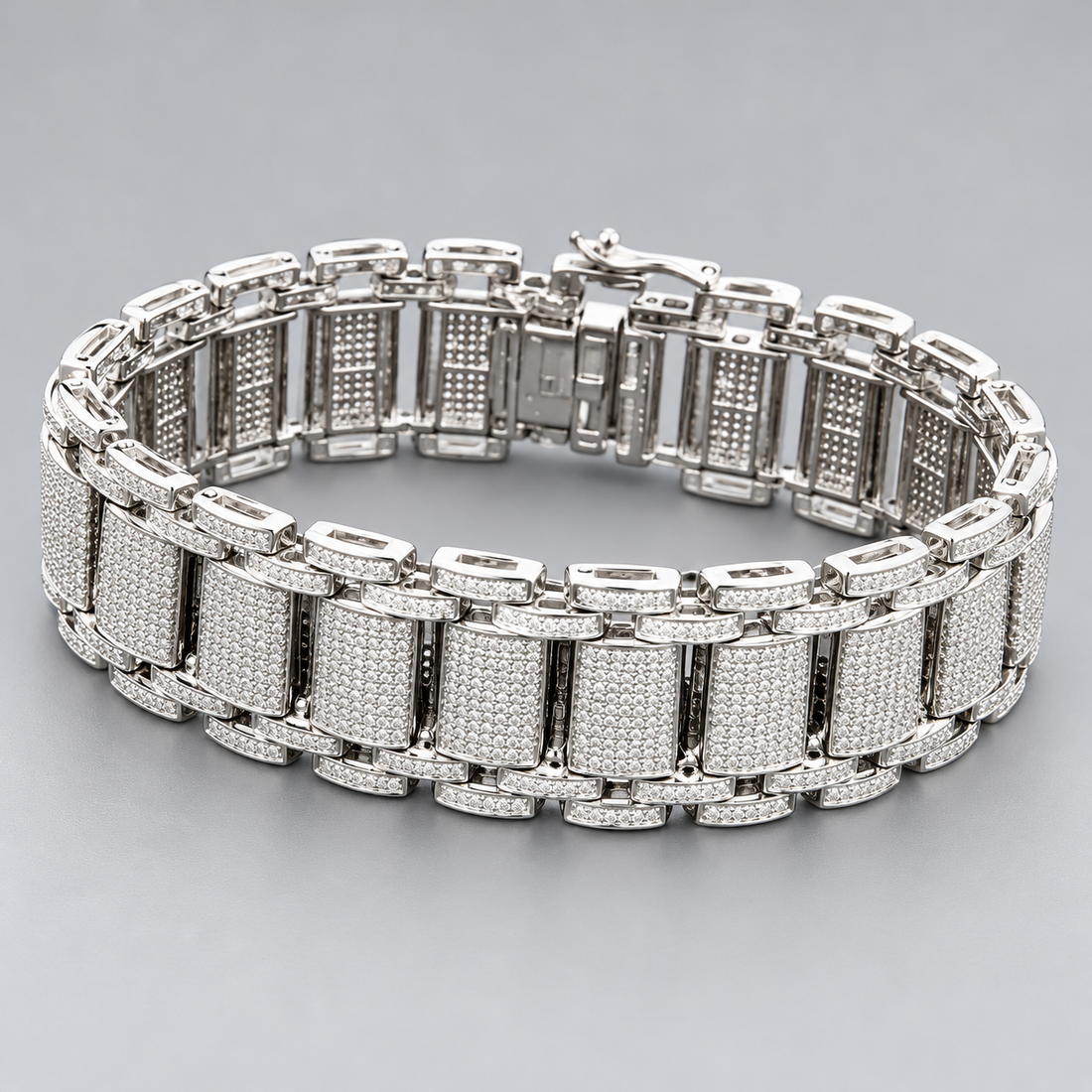 Men’s Silver-Tone Rectangular Pavé Panel Link Bracelet