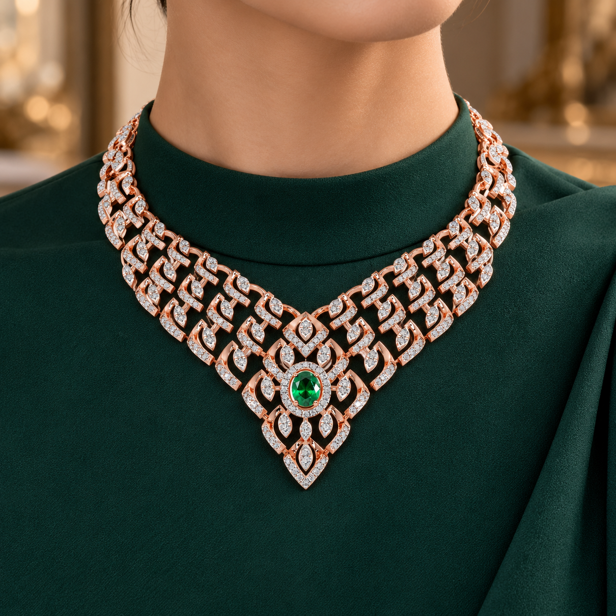 Green Oval Halo Rose Gold Geometric Bridal Statement Necklace