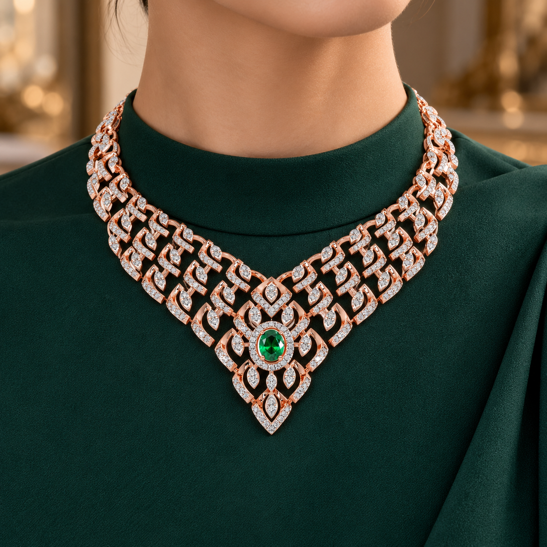Green Oval Halo Rose Gold Geometric Bridal Statement Necklace