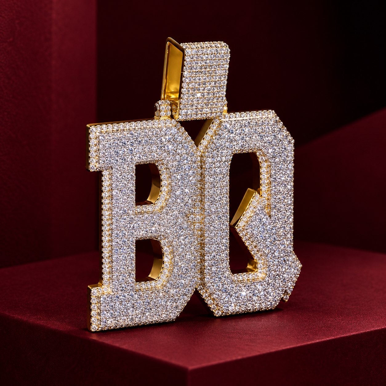 Custom Double Letter Iced Out Yellow Gold-Tone Pendant – Personalized Block Initial Hip Hop Jewelry