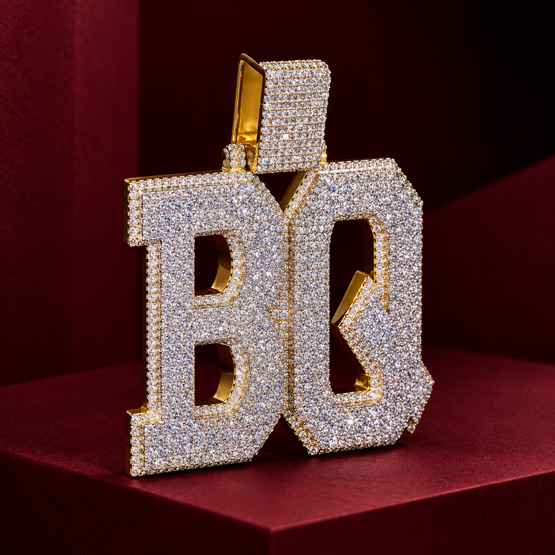 Custom Double Letter Iced Out Yellow Gold-Tone Pendant – Personalized Block Initial Hip Hop Jewelry