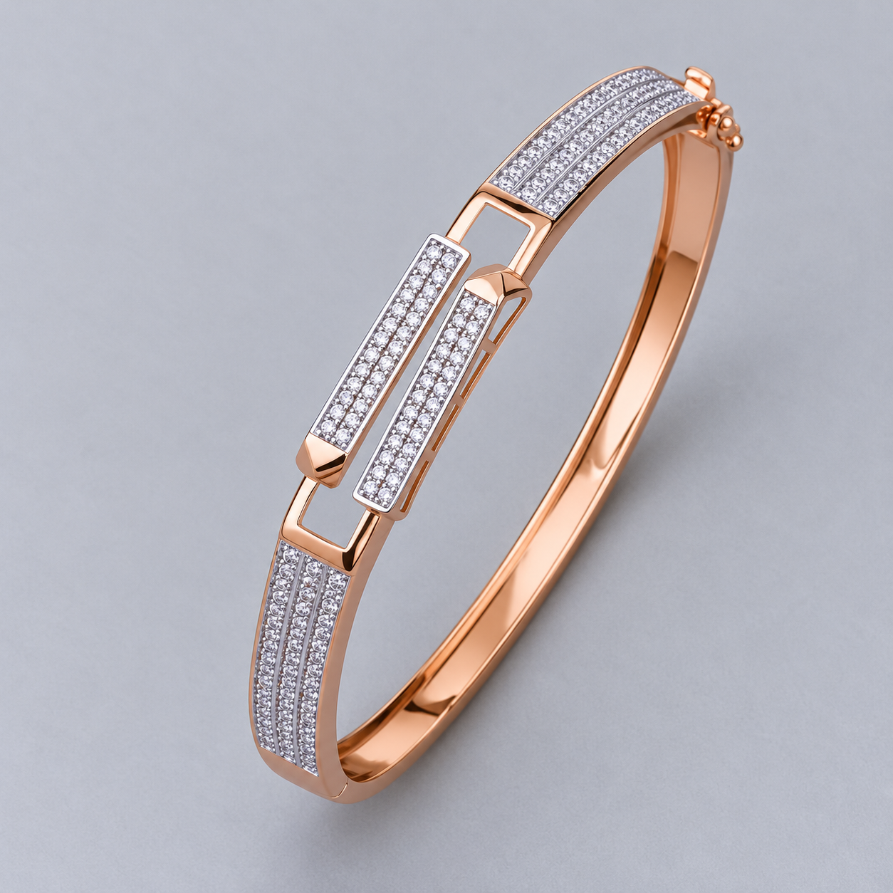 Rose Gold-Tone Double Bar Pavé Bangle with Three-Row Shoulders