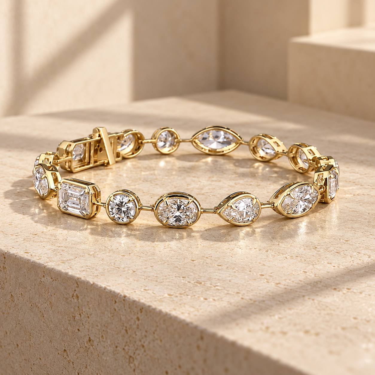 Mixed-Cut Bezel-Style Yellow Gold-Tone Station Bracelet