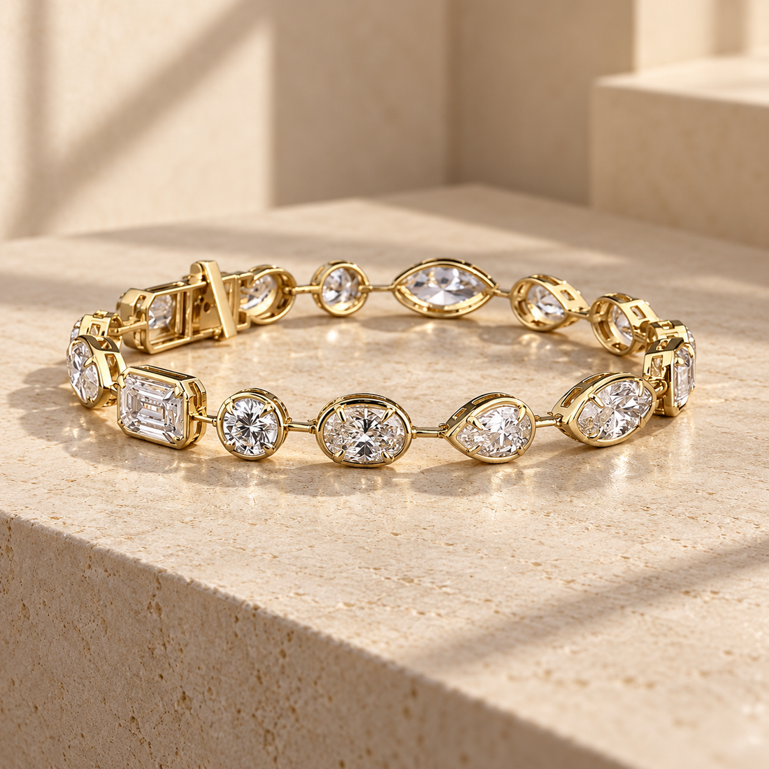 Mixed-Cut Bezel-Style Yellow Gold-Tone Station Bracelet
