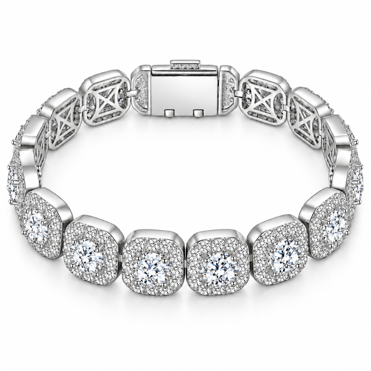 Iced Out Cushion Cut Halo Stone Bracelet | White Gold Hip Hop Jewelry