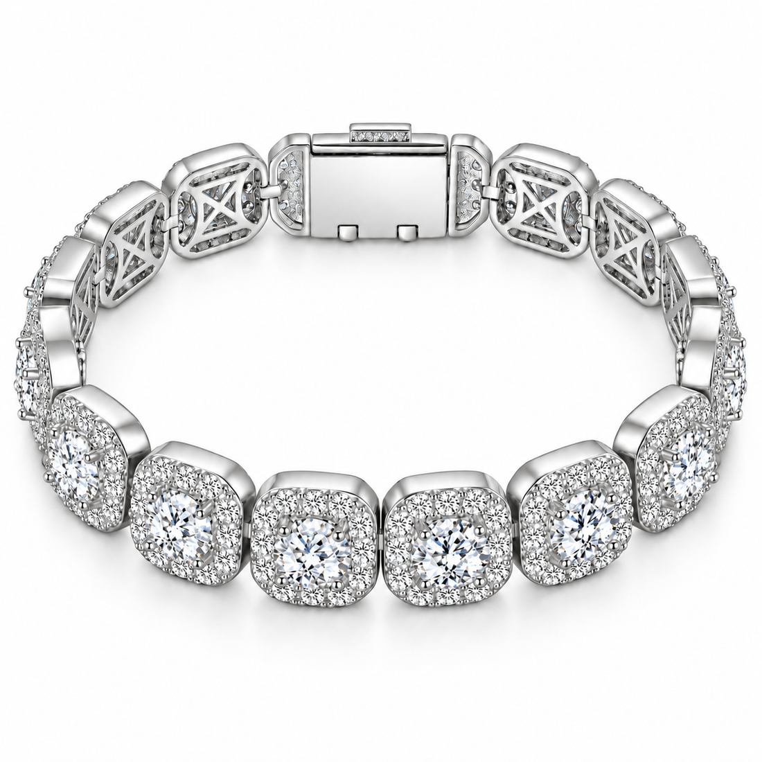 Iced Out Cushion Cut Halo Stone Bracelet | White Gold Hip Hop Jewelry