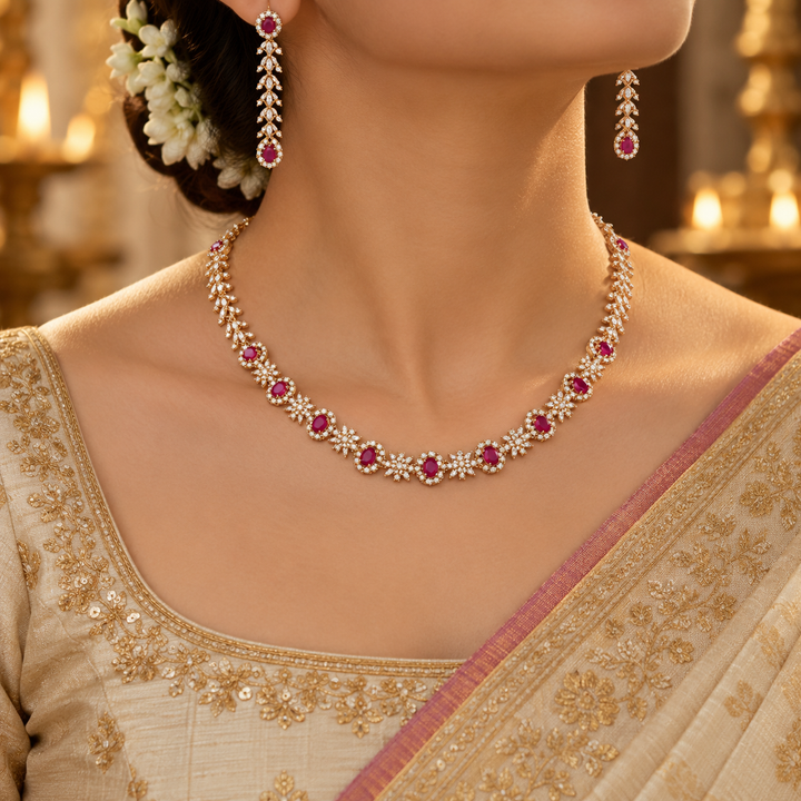 Ruby Pink Oval Cut Halo Yellow Gold Bridal Necklace & Earrings Set