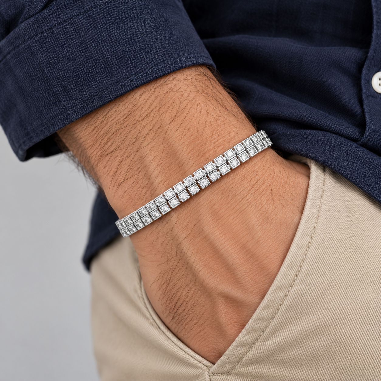 Silver-Tone Double-Row Square Stone Bezel Tennis Bracelet