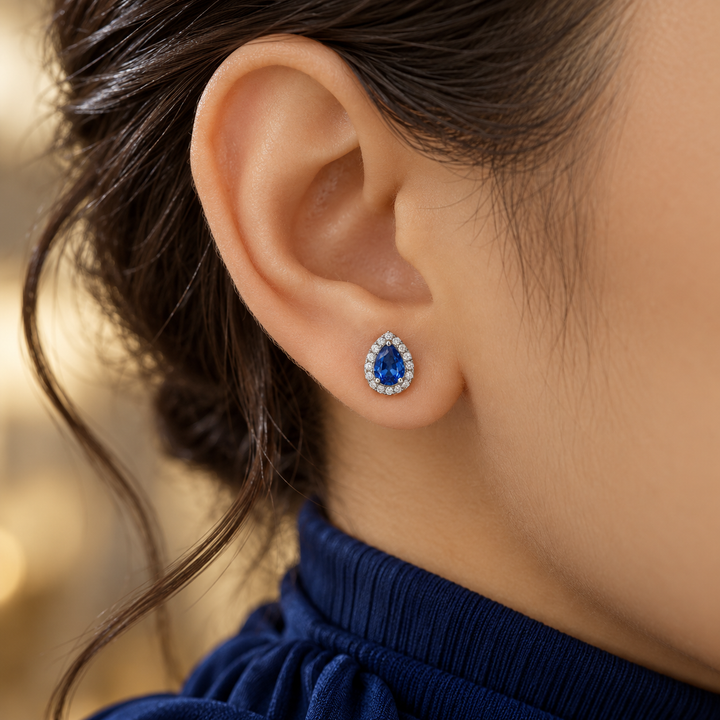 Blue Pear-Shaped Halo Stud Earrings in White Gold Tone