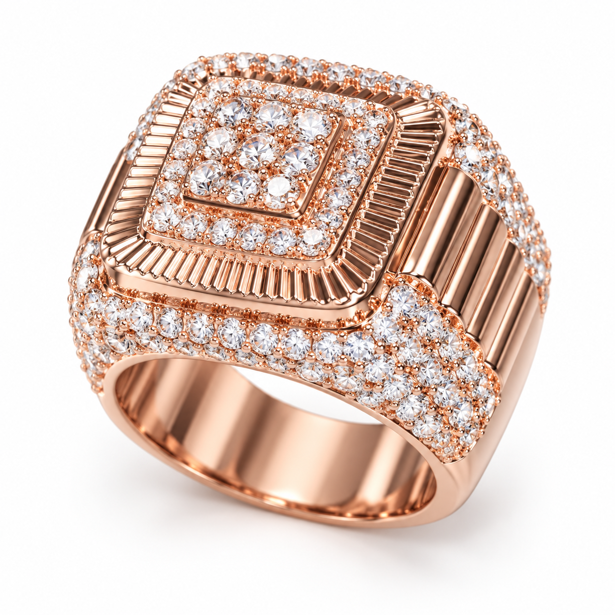 Square Cluster Fluted Frame Iced Out Hip Hop Statement Ring