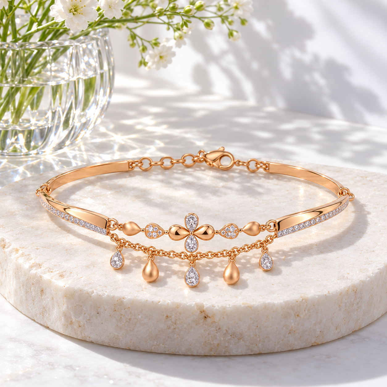 Rose Gold-Tone Floral Bracelet with Dangling Teardrop Charms