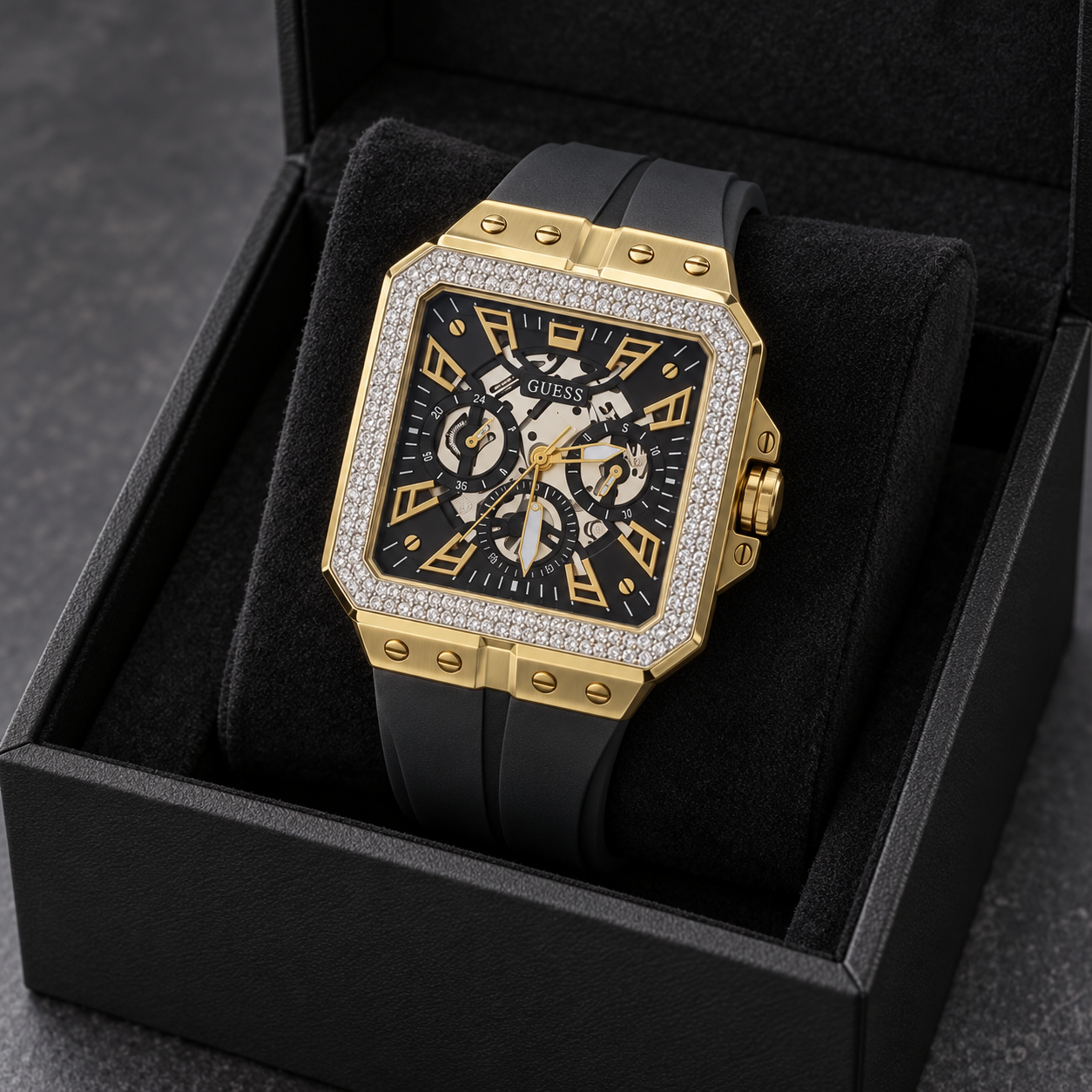 Men’s Gold-Tone Rectangular Pavé Bezel Black Strap Watch