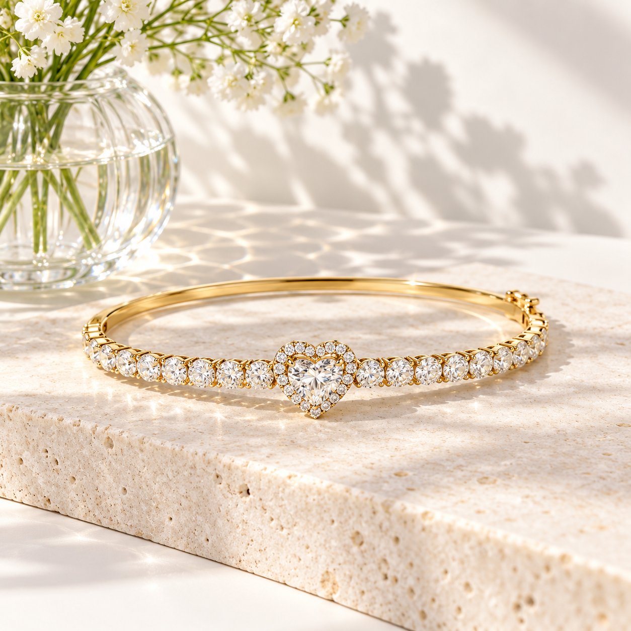 Heart Cut Halo Bangle Bracelet in Yellow Gold Tone